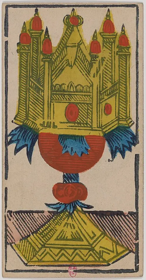 Ass der Kelche · As de Coupes. Historische Camoin-Karte, um 1890–1900, nach dem Conver-Muster.