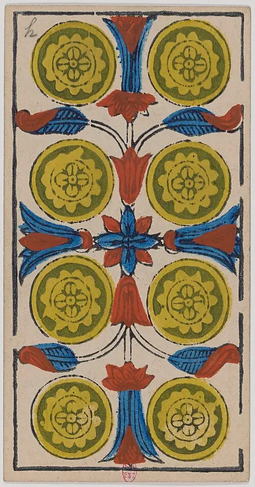 Acht der Münzen · Huit de Deniers. Historische Camoin-Karte, um 1890–1900, nach dem Conver-Muster.