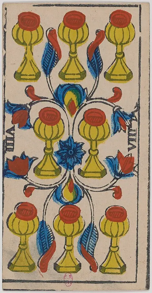 Acht der Kelche · Huit de Coupes. Historische Camoin-Karte, um 1890–1900, nach dem Conver-Muster.