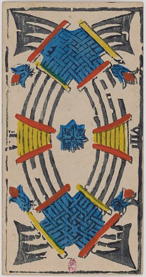 Acht der Schwerter · Huit de Épées. Historische Camoin-Karte, um 1890–1900, nach dem Conver-Muster.