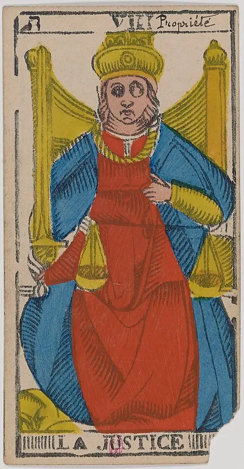 Die Gerechtigkeit · La Justice. Historische Camoin-Karte, um 1890–1900, nach dem Conver-Muster.