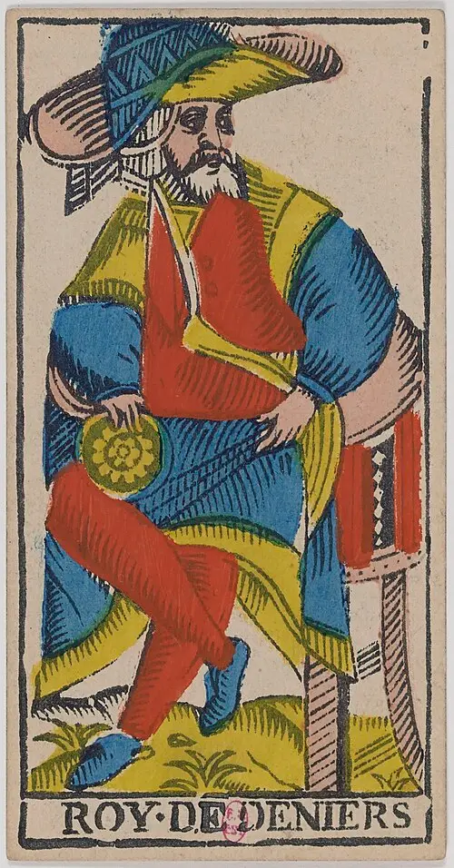 König der Münzen · Roi de Deniers. Historische Camoin-Karte, um 1890–1900, nach dem Conver-Muster.