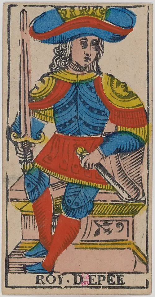 König der Schwerter · Roi de Épées. Historische Camoin-Karte, um 1890–1900, nach dem Conver-Muster.