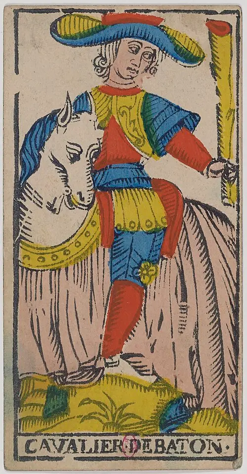 Ritter der Stäbe · Cavalier de Bâtons. Historische Camoin-Karte, um 1890–1900, nach dem Conver-Muster.