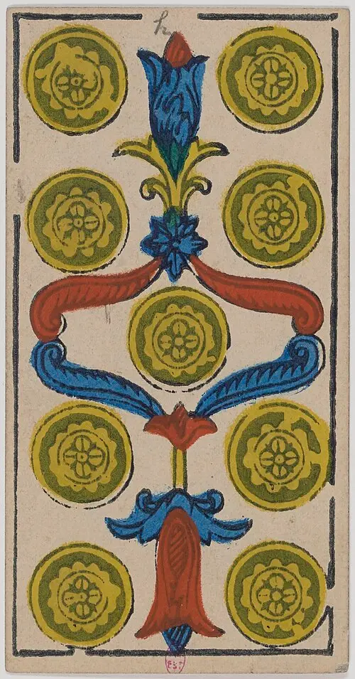 Neun der Münzen · Neuf de Deniers. Historische Camoin-Karte, um 1890–1900, nach dem Conver-Muster.