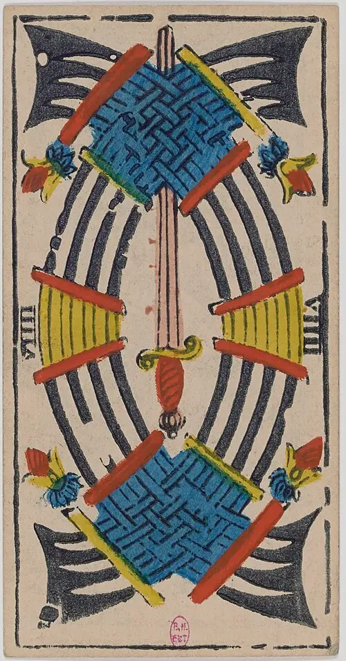 Neun der Schwerter · Neuf de Épées. Historische Camoin-Karte, um 1890–1900, nach dem Conver-Muster.