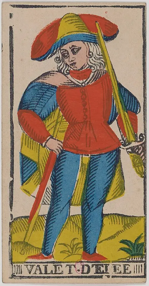Bube der Schwerter · Valet de Épées. Historische Camoin-Karte, um 1890–1900, nach dem Conver-Muster.