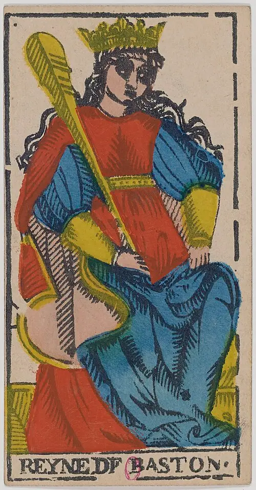 Königin der Stäbe · Reine de Bâtons. Historische Camoin-Karte, um 1890–1900, nach dem Conver-Muster.