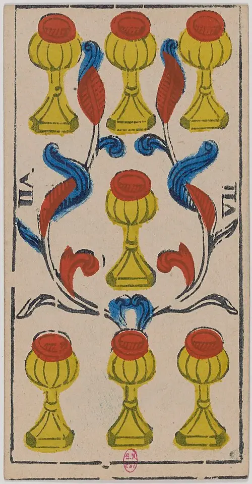 Sieben der Kelche · Sept de Coupes. Historische Camoin-Karte, um 1890–1900, nach dem Conver-Muster.