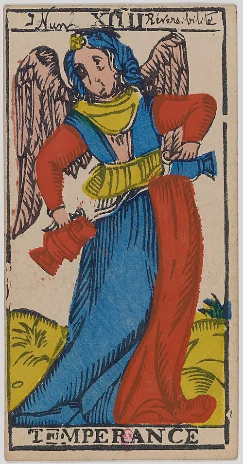 Die Mäßigkeit · Tempérance. Historische Camoin-Karte, um 1890–1900, nach dem Conver-Muster.