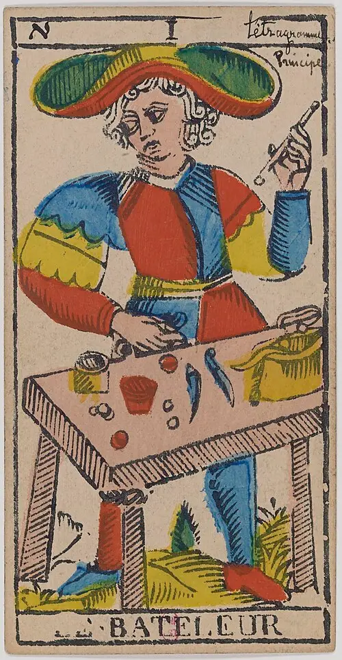 Der Gaukler · Le Bateleur. Historische Camoin-Karte, um 1890–1900, nach dem Conver-Muster.