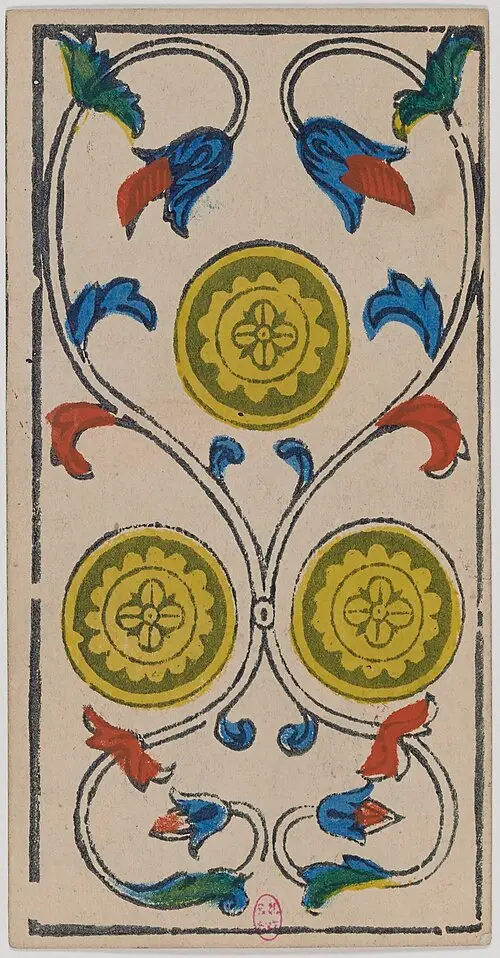 Drei der Münzen · Trois de Deniers. Historische Camoin-Karte, um 1890–1900, nach dem Conver-Muster.