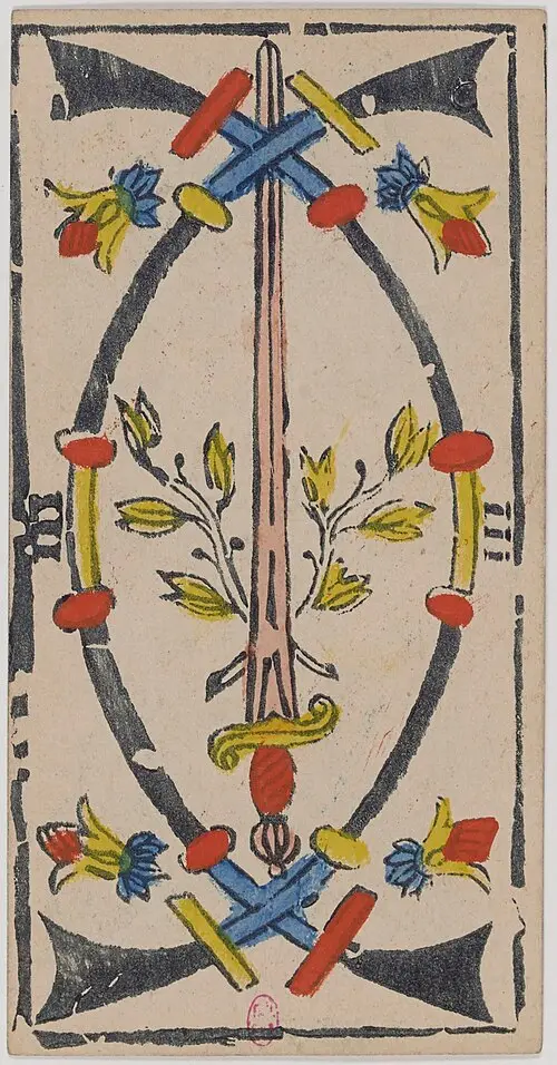 Drei der Schwerter · Trois de Épées. Historische Camoin-Karte, um 1890–1900, nach dem Conver-Muster.