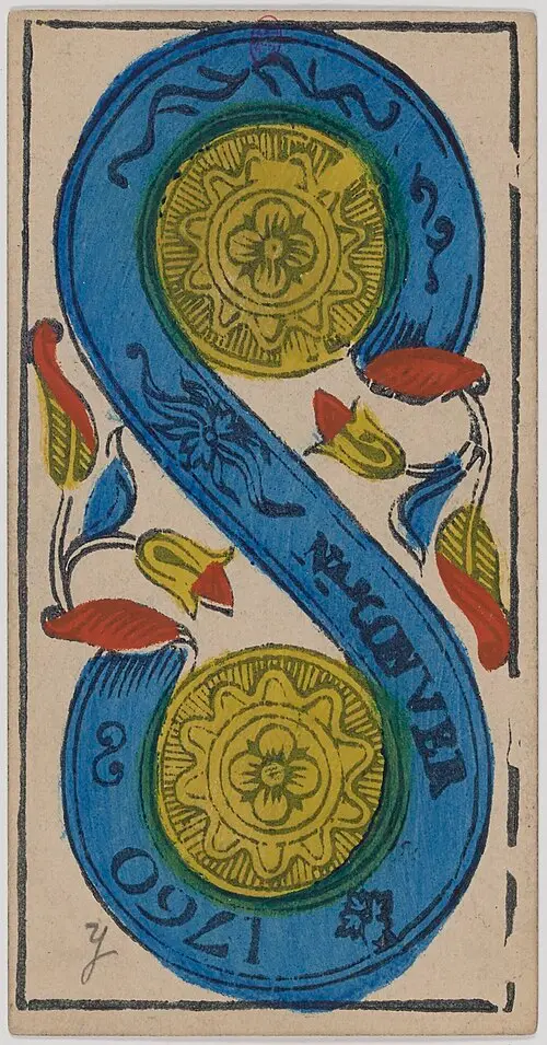 Zwei der Münzen · Deux de Deniers. Historische Camoin-Karte, um 1890–1900, nach dem Conver-Muster.