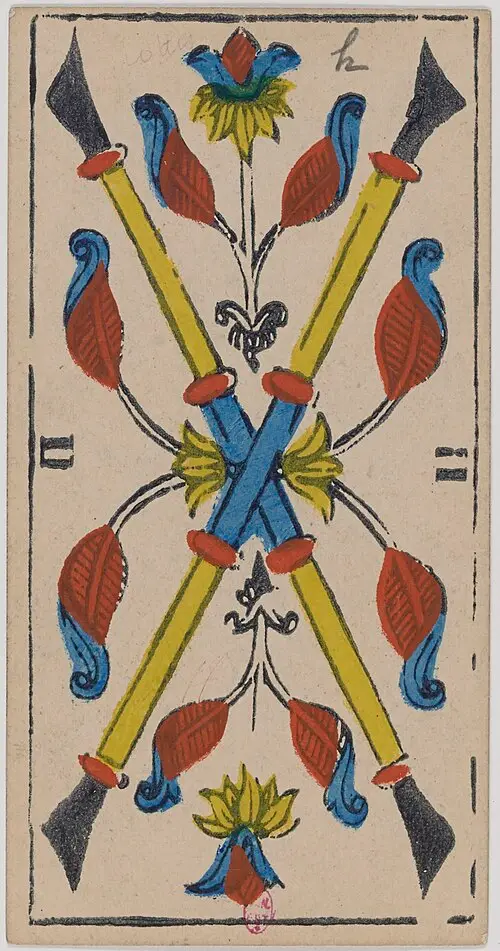 Zwei der Stäbe · Deux de Bâtons. Historische Camoin-Karte, um 1890–1900, nach dem Conver-Muster.