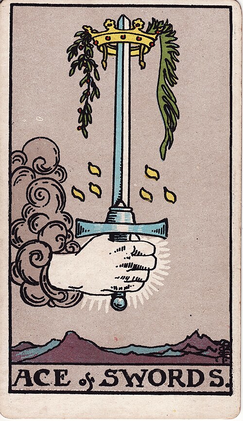 Ass der Schwerter: Hand aus der Wolke, Aufrechtes Schwert, Krone an der Spitze, Berglandschaft. Originalillustration von Pamela Colman Smith.