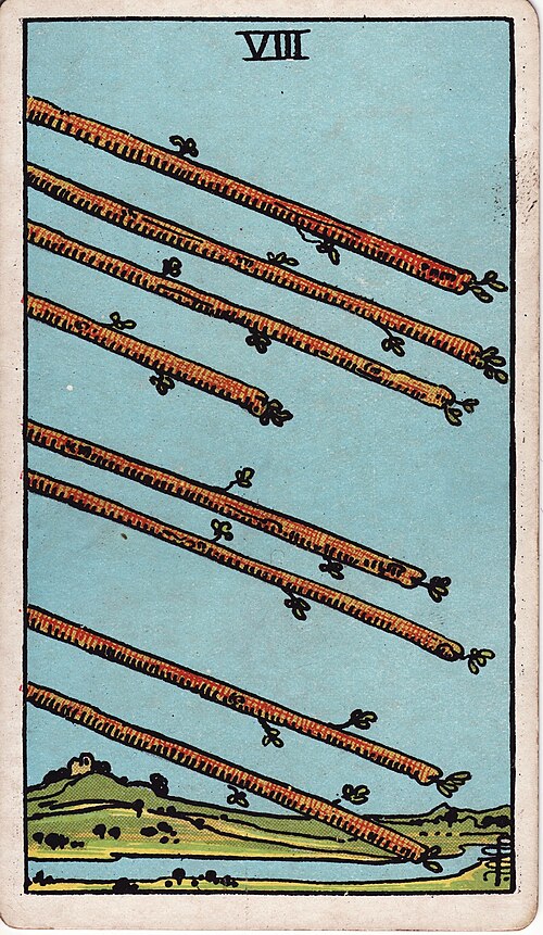 Acht der Stäbe: Acht parallele Stäbe, Diagonale Flugbahn, Offene Landschaft, Keine handelnde Figur. Originalillustration von Pamela Colman Smith.