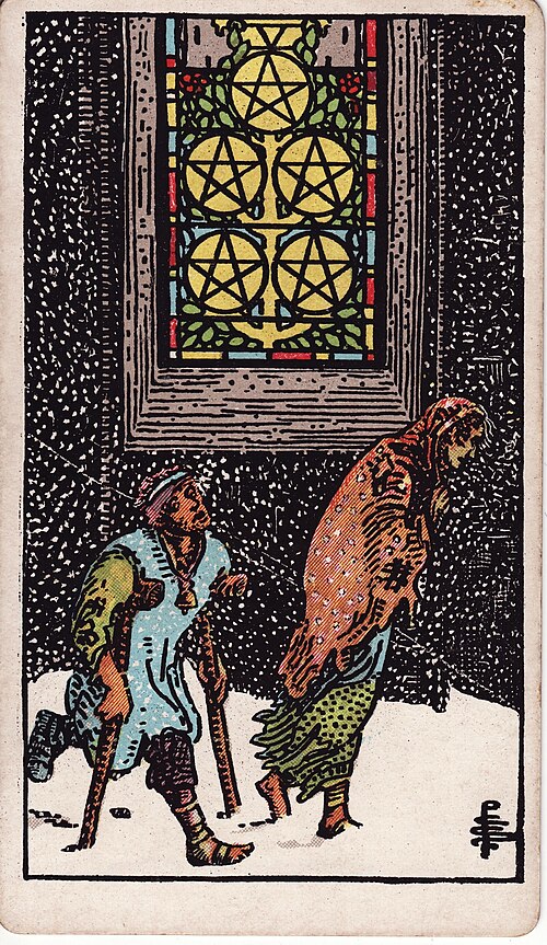 Fünf der Münzen: Zwei Menschen im Schnee, Krücken und unzureichender Schutz, Erleuchtetes Fenster, Fünf Pentakel im Glas. Originalillustration von Pamela Colman Smith.