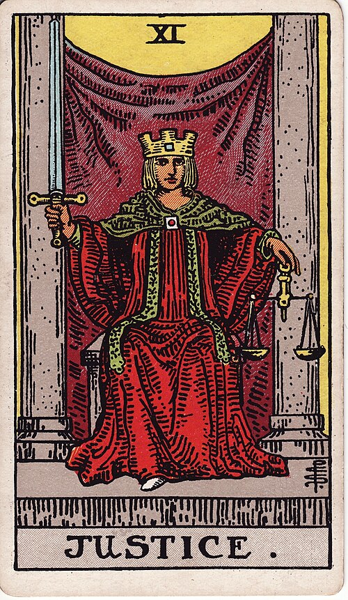 Die Gerechtigkeit: Waage, Aufrechtes Schwert, Offene Augen, Säulen und Vorhang. Originalillustration von Pamela Colman Smith.
