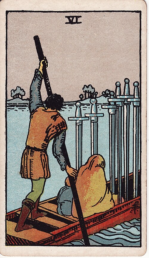 Sechs der Schwerter: Boot mit mehreren Menschen, Sechs Schwerter im Boot, Unterschiedliche Wasserflächen, Fernes Ufer. Originalillustration von Pamela Colman Smith.