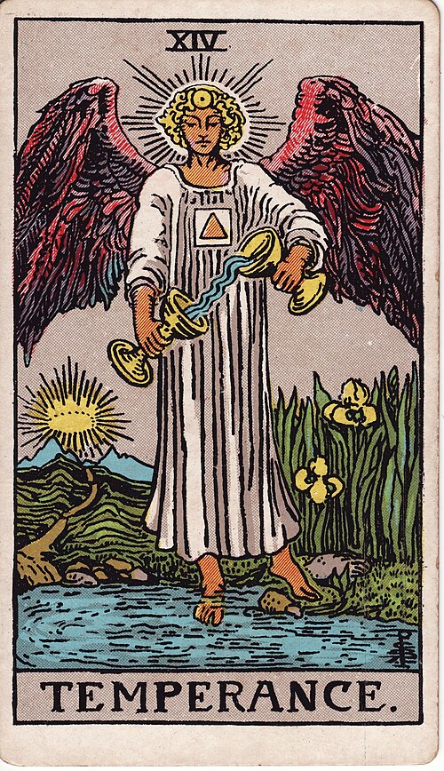 Die Mäßigkeit: Zwei Kelche, Land und Wasser, Dreieck im Quadrat, Weg zum Licht. Originalillustration von Pamela Colman Smith.