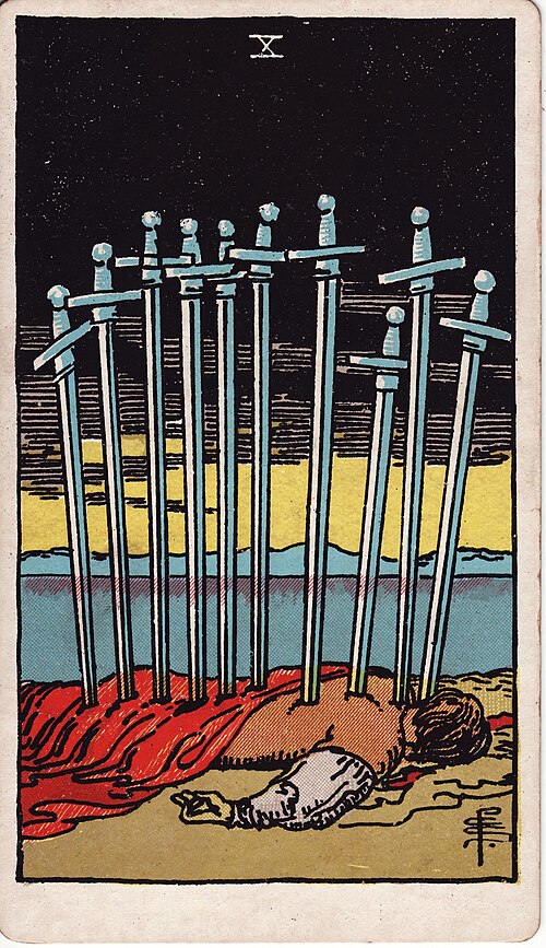 Zehn der Schwerter: Liegende Figur, Zehn Schwerter, Dunkler Himmel, Heller Horizont. Originalillustration von Pamela Colman Smith.