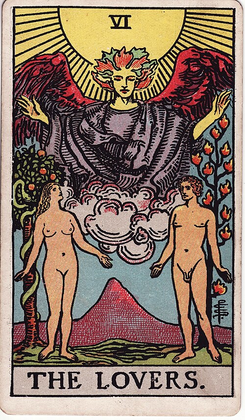 Die Liebenden: Zwei Menschen, Geflügelte Gestalt, Zwei Bäume und Schlange, Berg und Sonne. Originalillustration von Pamela Colman Smith.