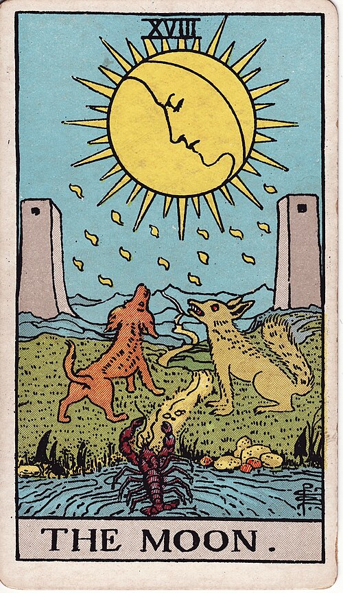 Der Mond: Mondlicht, Hund und Wolf, Krebs am Wasser, Weg zwischen Türmen. Originalillustration von Pamela Colman Smith.