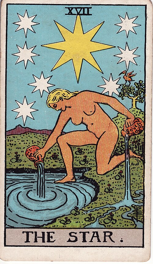 Der Stern: Großer Stern und sieben kleinere, Zwei Wasserkrüge, Unbekleidete Figur, Vogel und lebende Landschaft. Originalillustration von Pamela Colman Smith.